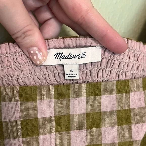Madewell Pink and Olive Green Gingham Plaid Mini Babydoll Puff Sleeve Dress - Picture 7 of 9